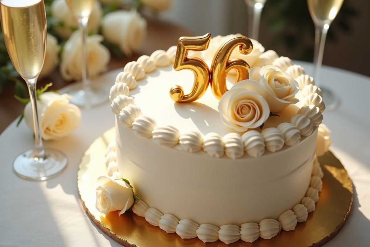Gâteau d anniversaire decoré avec 56 en or et roses blanches