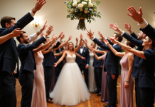 Jeu du bouquet : qui y participe ? Décryptage des participants Adultes en robe et costume lors d'un mariage