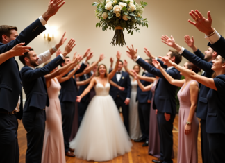 Jeu du bouquet : qui y participe ? Décryptage des participants Adultes en robe et costume lors d'un mariage