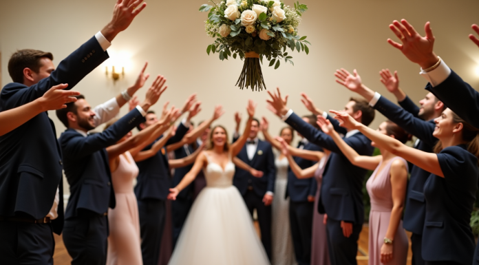 Jeu du bouquet : qui y participe ? Décryptage des participants Adultes en robe et costume lors d'un mariage