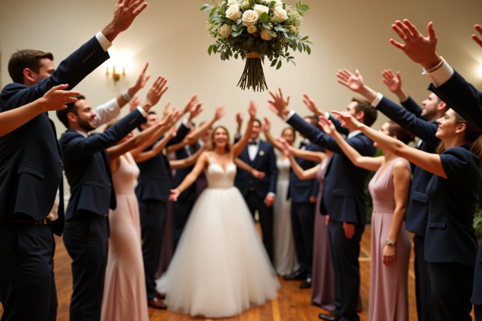 groupe-adultes-mariage Adultes en robe et costume lors d'un mariage