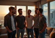 Groupe d'amis dans un appartement urbain convivial