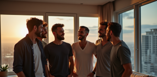Groupe d'amis dans un appartement urbain convivial