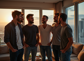 Invités à l’enterrement de vie de garçon : Qui sont-ils et pourquoi participent-ils ? Groupe d'amis dans un appartement urbain convivial