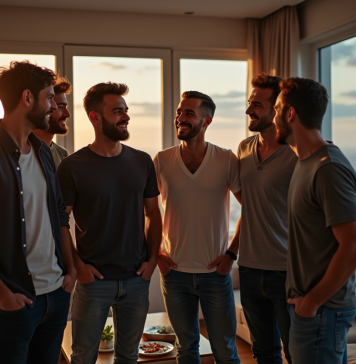 Invités à l’enterrement de vie de garçon : Qui sont-ils et pourquoi participent-ils ? Groupe d'amis dans un appartement urbain convivial
