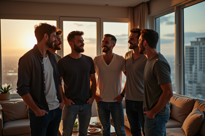 groupe-amis-apartment-urbain Groupe d'amis dans un appartement urbain convivial