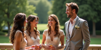 Musique mariage : playlist idéale pour votre cocktail ! Groupe d'amis élégants lors d'un mariage en terrasse