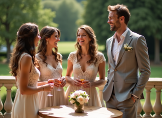 Musique mariage : playlist idéale pour votre cocktail ! Groupe d'amis élégants lors d'un mariage en terrasse