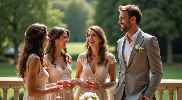 Musique mariage : playlist idéale pour votre cocktail ! Groupe d'amis élégants lors d'un mariage en terrasse