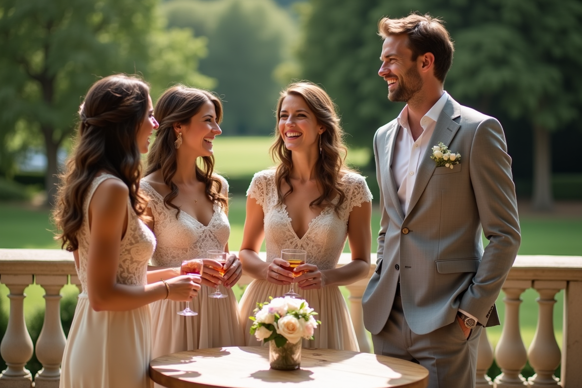 Groupe d'amis élégants lors d'un mariage en terrasse