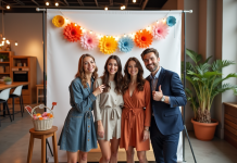 Groupe d'amis souriants dans un photobooth moderne lors d'une soirée