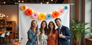 Groupe d'amis souriants dans un photobooth moderne lors d'une soirée
