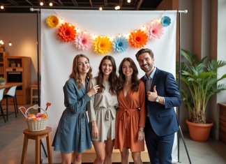 Taille idéale pour un photobooth : astuces et conseils pour réussir votre setup Groupe d'amis souriants dans un photobooth moderne lors d'une soirée