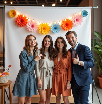 Groupe d'amis souriants dans un photobooth moderne lors d'une soirée