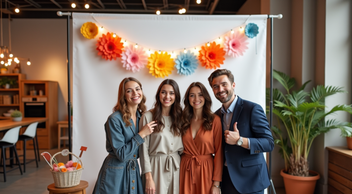 Taille idéale pour un photobooth : astuces et conseils pour réussir votre setup Groupe d'amis souriants dans un photobooth moderne lors d'une soirée