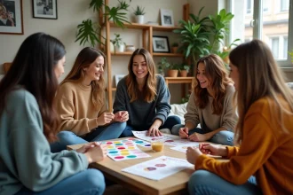 Groupe de femmes jouant à des jeux de société dans un salon chaleureux