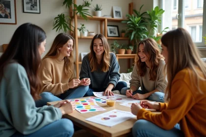 Groupe de femmes jouant à des jeux de société dans un salon chaleureux