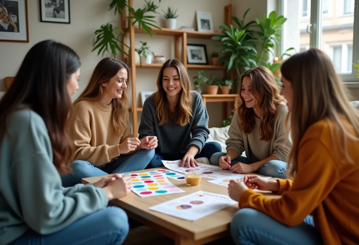 Groupe de femmes jouant à des jeux de société dans un salon chaleureux