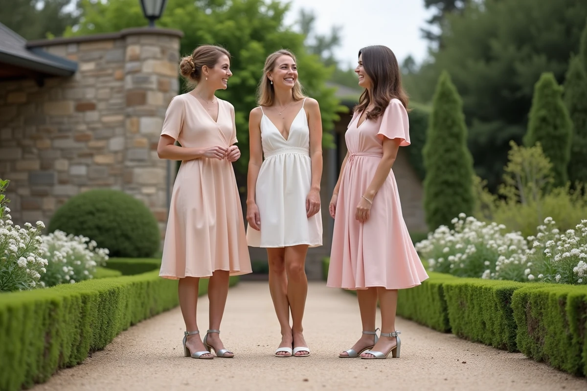 Trois femmes dans un jardin portant des sandales en argent