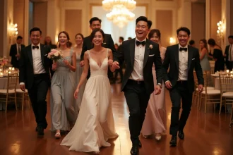 Invités de mariage joyeux entrant dans la salle de réception