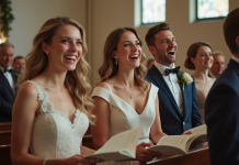Groupe de jeunes et familles lors d'un mariage élégant