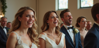 Groupe de jeunes et familles lors d'un mariage élégant