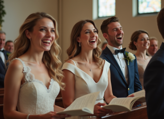 Chansons de mariage amusantes : idées pour animer votre cérémonie ! Groupe de jeunes et familles lors d'un mariage élégant