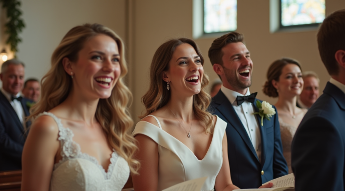 Chansons de mariage amusantes : idées pour animer votre cérémonie ! Groupe de jeunes et familles lors d'un mariage élégant