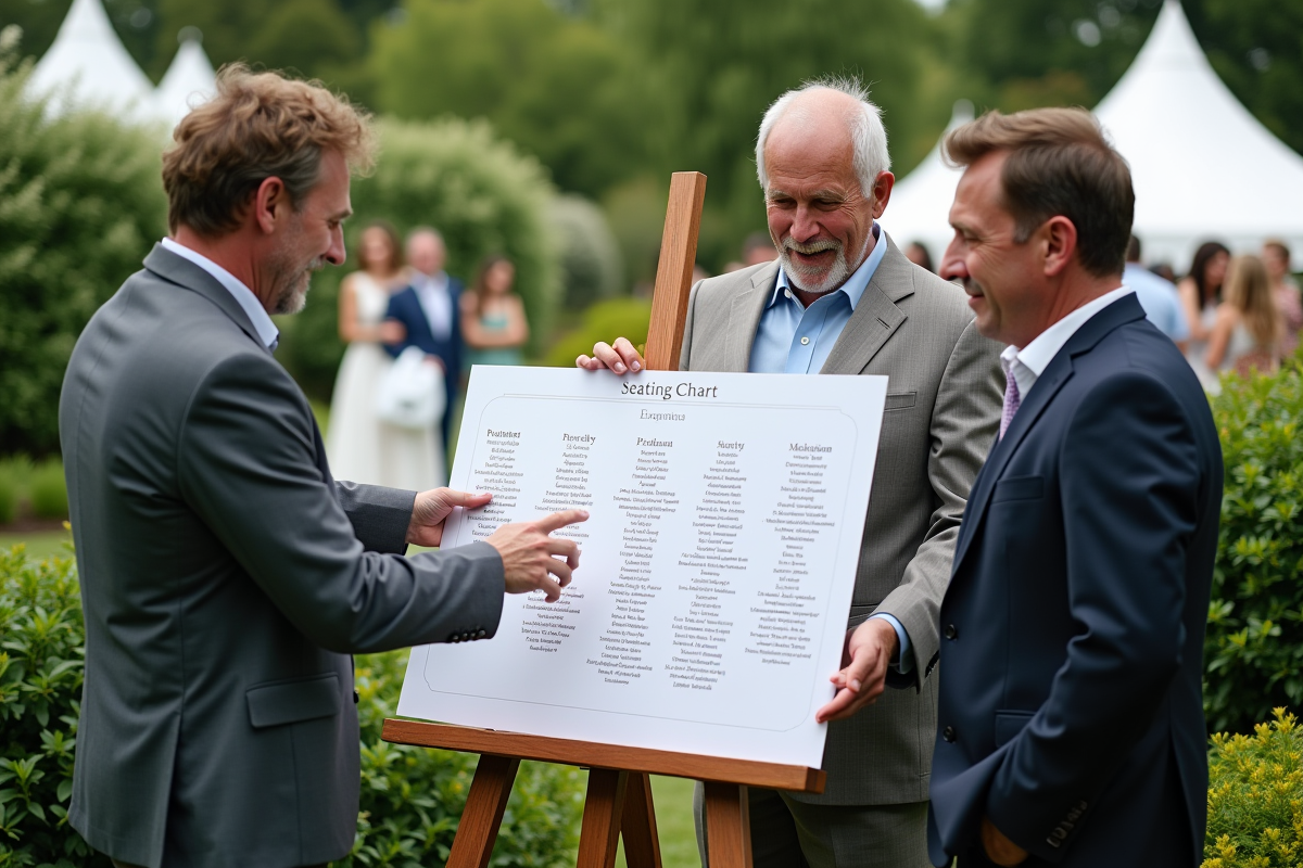 Groupe de trois personnes discutant plan de table extérieur
