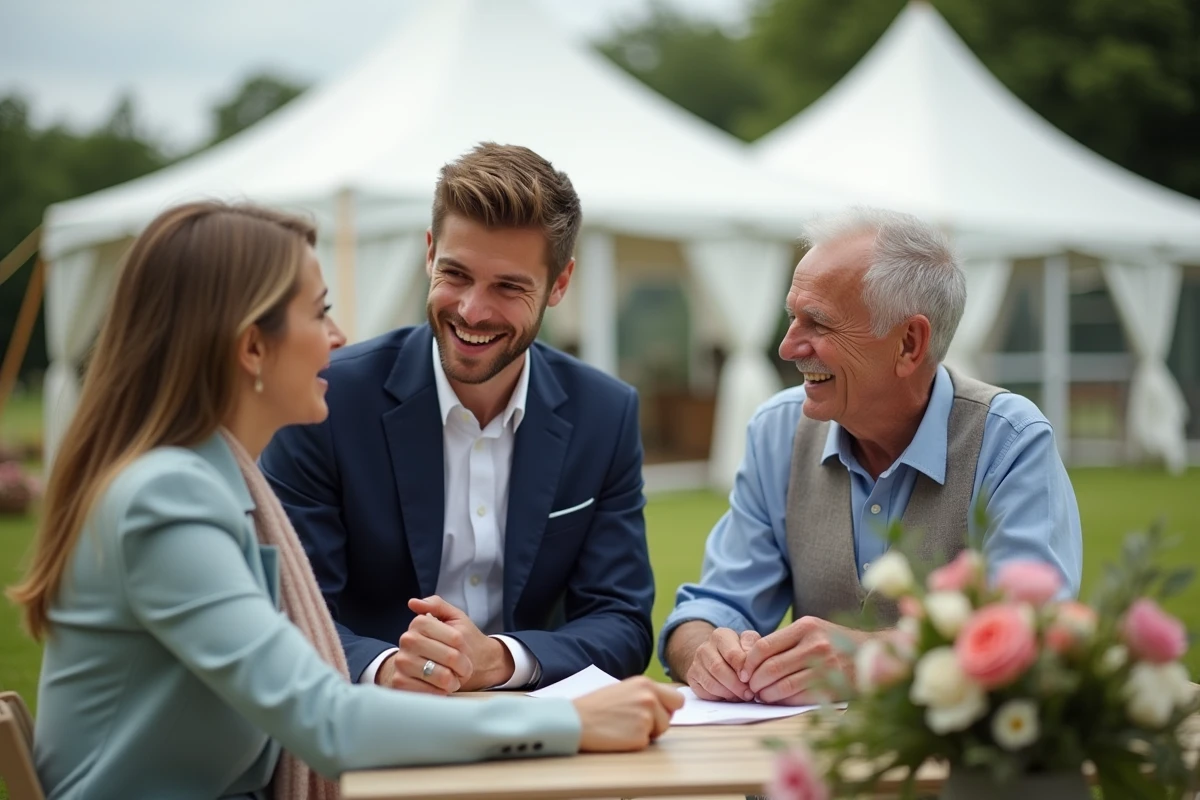 Jeune homme en costume aidant un couple à préparer