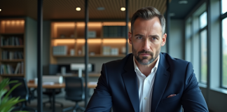 Homme d'affaires sérieux en costume dans un bureau moderne