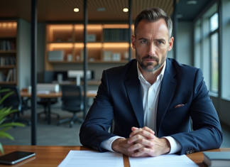 Homme sérieux : comment se comporte-t-il ? Homme d'affaires sérieux en costume dans un bureau moderne