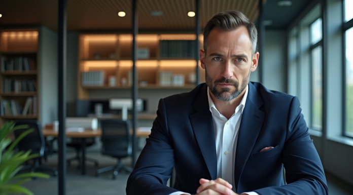 Homme sérieux : comment se comporte-t-il ? Homme d'affaires sérieux en costume dans un bureau moderne