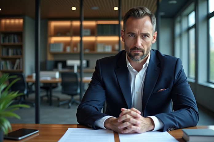homme-d-affaires-professionnel Homme d'affaires sérieux en costume dans un bureau moderne