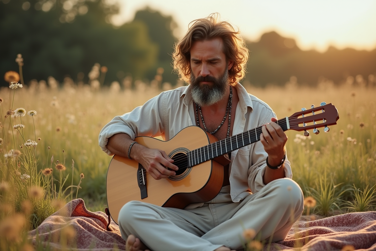 Homme jouant de la guitare dans un champ ensoleille
