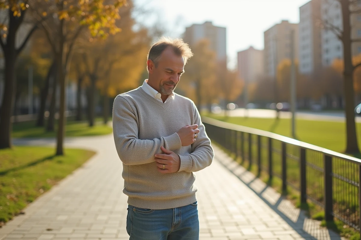 Homme ajustant sa bague en or dans un parc urbain ensoleille