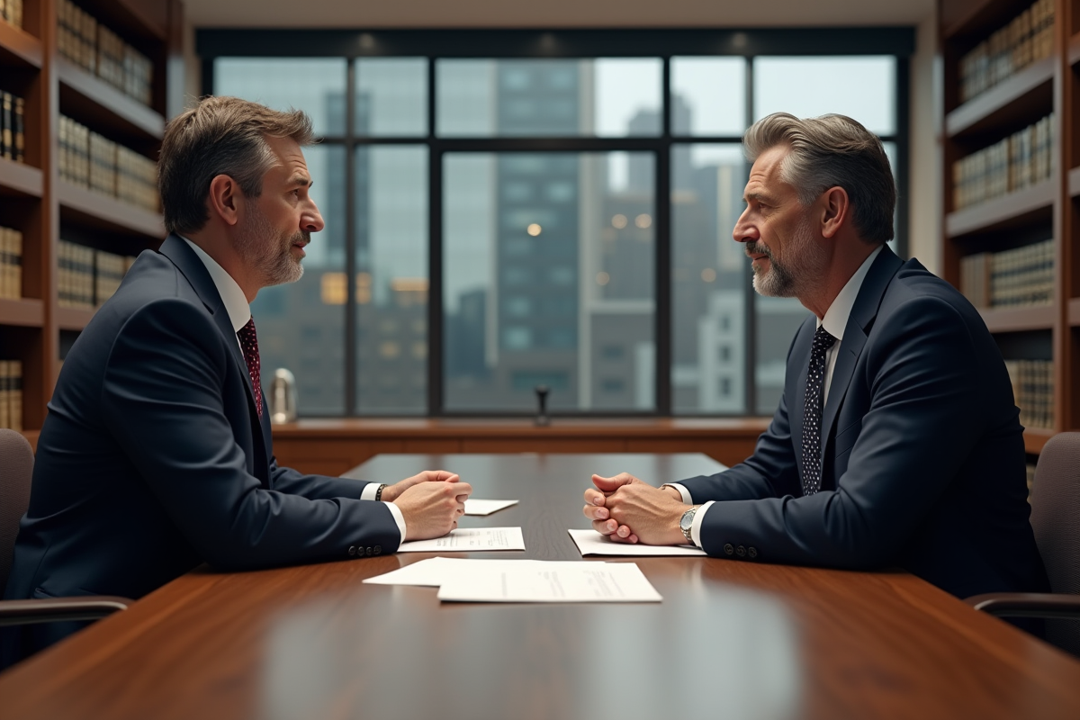 Deux hommes en costume dans un bureau de justice