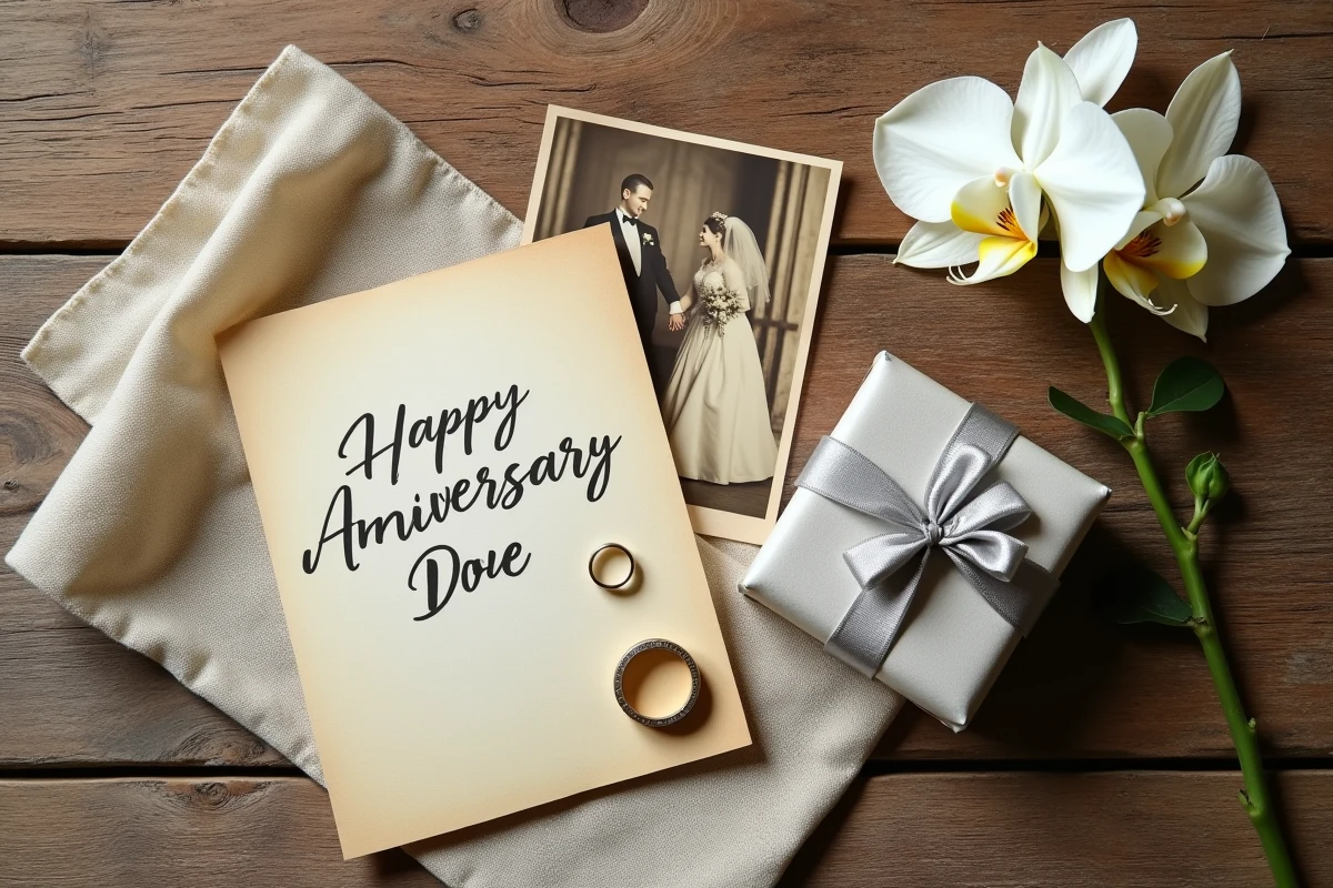 Mise en scène de cadeaux et souvenirs pour un anniversaire de 55 ans de mariage, avec alliance, orchidée blanche et photo de mariage ancienne