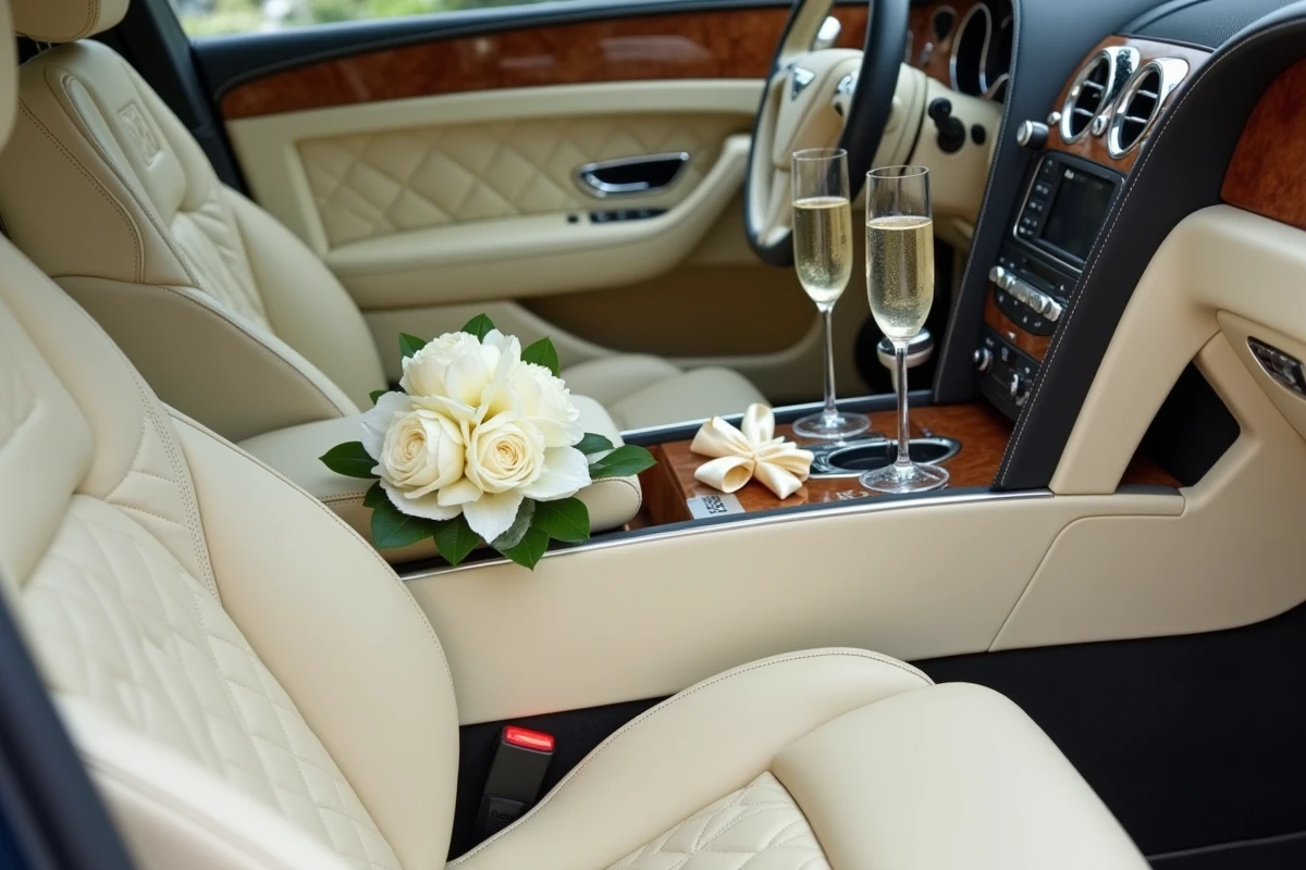 Intérieur luxueux d'une Bentley Flying Spur décorée pour un mariage avec fleurs blanches et coupes de champagne