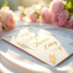 Invitation de mariage élégante avec calligraphie or sur satin blanc