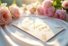 Invitation de mariage élégante avec calligraphie or sur satin blanc