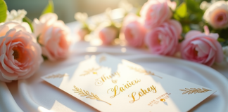 Invitation de mariage élégante avec calligraphie or sur satin blanc