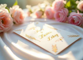 Invitation de mariage élégante avec calligraphie or sur satin blanc