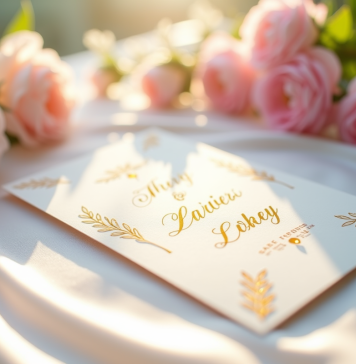 Invitation de mariage élégante avec calligraphie or sur satin blanc