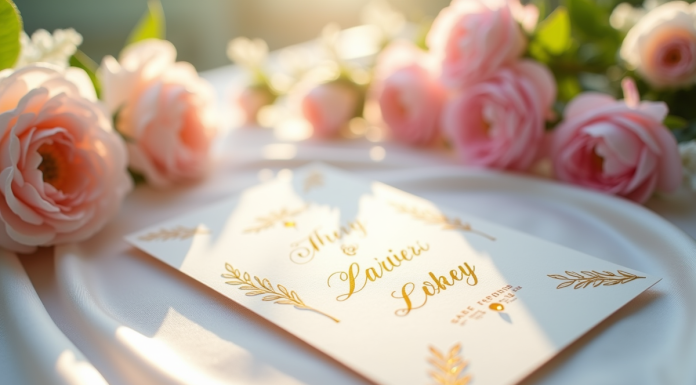 Invitation de mariage élégante avec calligraphie or sur satin blanc