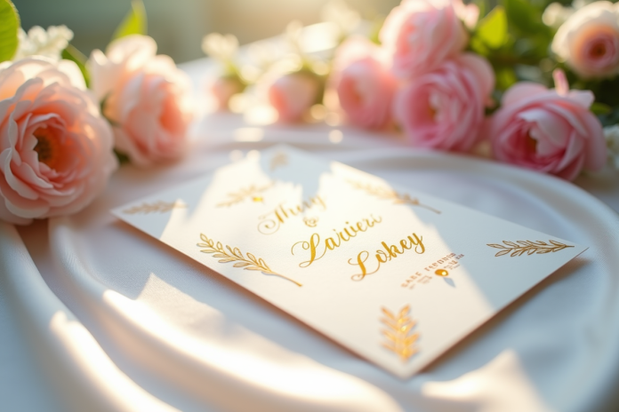 invitation-mariage-calligraphie-or Invitation de mariage élégante avec calligraphie or sur satin blanc