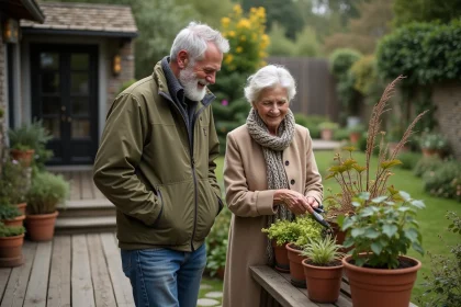Couple âgé jardinant dans un jardin verdoyant