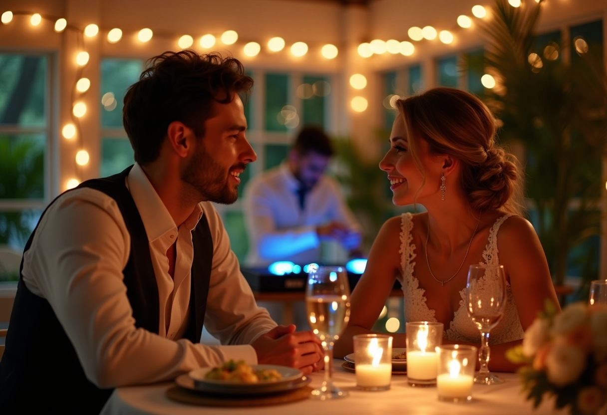 Jeune couple discutant à leur table de mariage avec ambiance chaleureuse