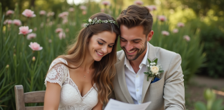 Mariage moins cher : choisir le meilleur mois pour économiser ! Jeune couple marié regardant un calendrier dans un jardin
