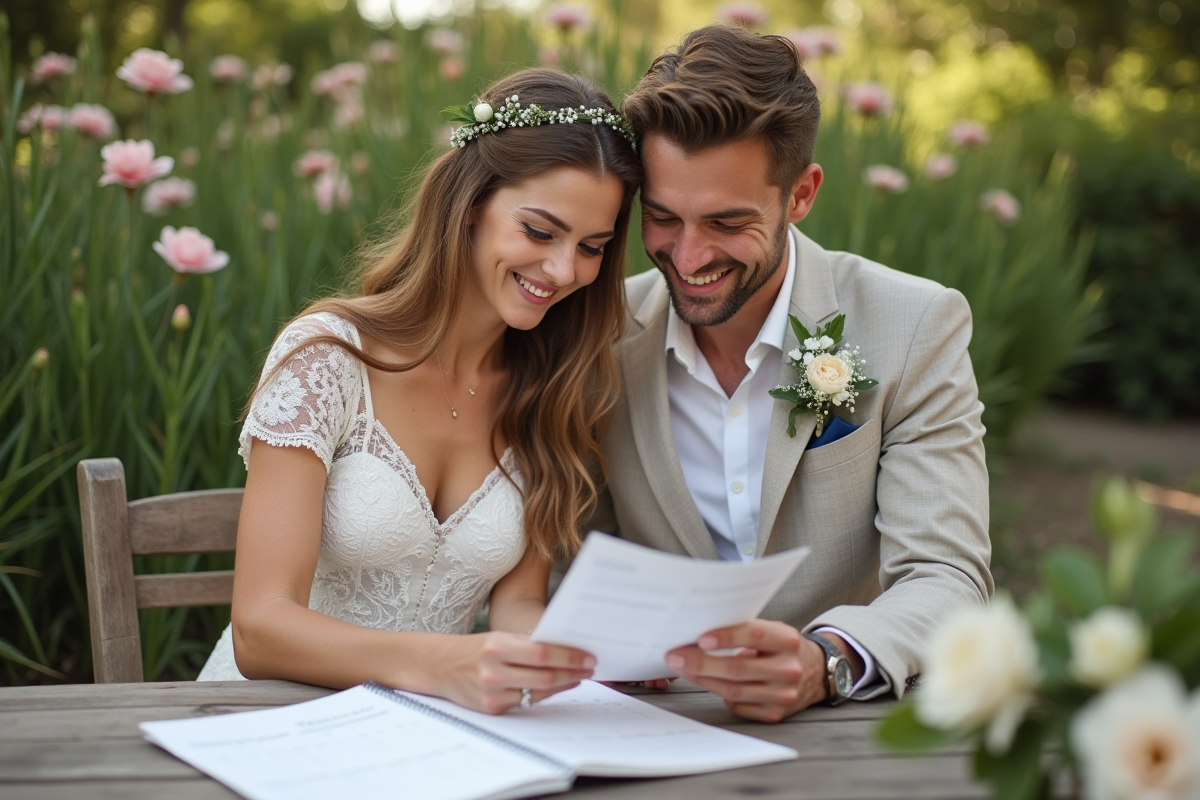 Jeune couple marié regardant un calendrier dans un jardin